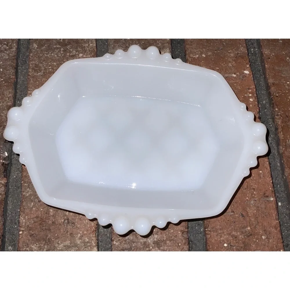 Vintage White Milk Glass Quilted Hobnail Serving‎ Bowl Rectangular Candy Dish